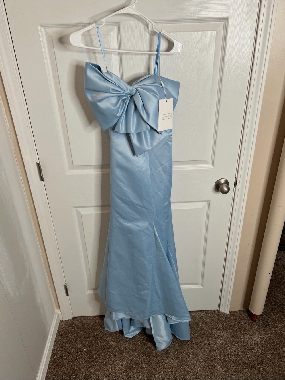Mac Duggal Strapless Light Blue Satin Gown with Oversized Bow - Picture 5 of 14